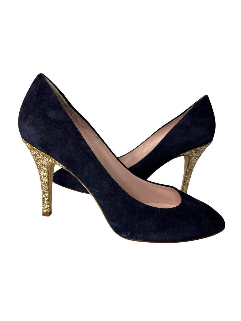Kate Spade Navy Suede Pumps Gold Glitter Heel Size 7